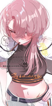 1girl arimura_mao asymmetrical_bangs black_shirt blush braid braided_bangs commentary_request cropped_shirt food food_in_mouth gakuen_idolmaster goslingwallows groin hand_on_own_hip highres idolmaster jacket jacket_on_shoulders long_hair navel nose_blush pink_hair pocky pocky_day pocky_in_mouth purple_eyes shirt simple_background solo stomach white_background white_jacket