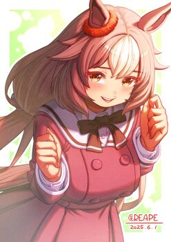 1girl animal_ears blush bow bowtie breasts brown_bow brown_bowtie brown_eyes brown_hair buttons commentary_request creape dress ear_scrunchie hair_between_eyes highres horse_ears horse_girl horse_tail large_breasts long_hair long_sleeves looking_at_viewer low_twintails multicolored_hair parted_lips red_dress red_scrunchie scrunchie smile solo tail twintails umamusume white_hair yamanin_zephyr_(umamusume)