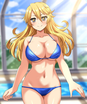 1girl absurdres bikini blonde_hair blue_bikini blue_sky blush breasts cleavage cloud commentary_request commission cowboy_shot highres iowa_(kancolle) kantai_collection large_breasts long_hair looking_at_viewer navel pixiv_commission poolside sky smile solo star-shaped_pupils star_(symbol) swimsuit symbol-shaped_pupils variant_set zanntetu
