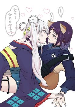 Rule 34 | ..., 2girls, animal ears, black choker, blue hoodie, blue nails, blush, cho kaguya-hime!, choker, commentary request, eye contact, forehead jewel, fox ears, fox girl, fox tail, garter straps, green eyes, hair rings, heart, highres, hood, hoodie, japanese clothes, kimono, looking at another, multiple girls, nb164, off shoulder, purple hair, purple kimono, purple nails, runami yachiyo, sakayori iroha, short hair, simple background, smile, speech bubble, spoken ellipsis, tail, translation request, twintails, white background, white hair, yuri