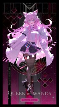 1girl :d animal_ears antenna_hair belt belt_pouch black_choker black_pantyhose black_shoes black_skirt braid braided_bun breasts card_(medium) character_name chest_belt choker coat collared_shirt commentary_request cropped_shirt cross-laced_clothes cross-laced_sleeves crown_braid dark_skin double-parted_bangs double_bun english_text frilled_coat frilled_skirt frills hair_bun hakui_koyori hakui_koyori_(1st_costume) hand_up hexagon_hair_ornament high_heels highres hololive ishihara_(kuniyoshi) lab_coat lapels large_breasts long_hair long_sleeves looking_at_viewer loose_necktie midriff miniskirt navel necktie notched_lapels open_mouth pantyhose pink_hair pink_necktie pleated_skirt pocket_watch pouch purple_eyes shirt shoes sidelocks skirt sleeves_past_wrists smile solo tail tarot tarot_(medium) test_tube thigh_pouch thigh_strap very_long_hair vial virtual_youtuber watch watermark white_belt white_coat white_shirt wide_sleeves wolf_ears wolf_girl wolf_tail