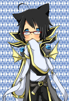 Rule 34 | 1boy, ahoge, animal ears, argyle background, black hair, black pants, blue eyes, cat boy, cat ears, closed mouth, coat, commentary request, cowboy shot, expressionless, grey coat, looking at viewer, male focus, meiko (nattu303), open clothes, open coat, over-rim eyewear, pants, ragnarok online, red-framed eyewear, semi-rimless eyewear, shirt, short hair, sleeves past fingers, sleeves past wrists, solo, warlock (ragnarok online), white shirt