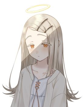 1girl absurdres blonde_hair camisole closed_mouth collarbone colored_eyelashes commentary_request flipped_hair gakuen_idolmaster gradient_hair grey_hair grey_robe hair_ornament hairclip halo highres idolmaster light_blush long_hair looking_down multicolored_hair neu_(neu_neu1117) open_clothes open_robe orange_eyes parallel_hairclips parted_bangs red_ribbon ribbon robe shade shinosawa_hiro simple_background solo traditional_halo upper_body white_background white_camisole