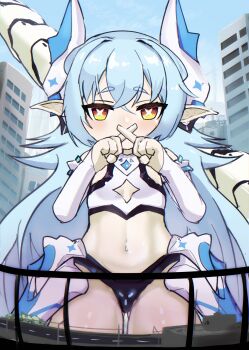 1girl absurdres bare_shoulders blue_hair blue_sky city cleavage_cutout clothing_cutout commentary_request cowboy_shot day detached_sleeves giant giantess hair_between_eyes haze/reverb headgear highres long_hair looking_at_viewer mechanical_tail midriff mittshiva navel norurinoruri outdoors pointy_ears sky solo symbol-shaped_pupils tail x-shaped_pupils x_fingers x_fingers_over_mouth yellow_eyes