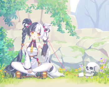 Rule 34 | 1girl, bare shoulders, black hair, braid, china dress, chinese clothes, deadnooodles, dialyn (zenless zone zero), dress, highres, long hair, looking at viewer, multicolored hair, open mouth, phone, solo, split-color hair, thighhighs, white hair, white thighhighs, yellow eyes, zenless zone zero