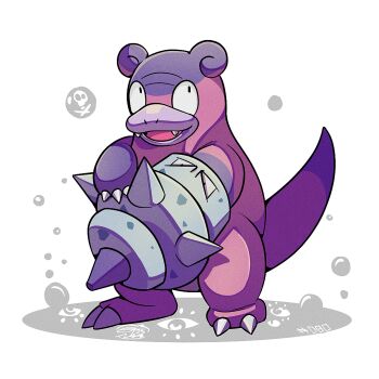 Rule 34 | claws, colored skin, fangs, galarian slowbro, looking at viewer, mistray-art, multicolored skin, nintendo, no humans, numbered, open mouth, pink skin, pokemon, pokemon (creature), purple skin, signature, simple background, solo, tail, two-tone skin, white background