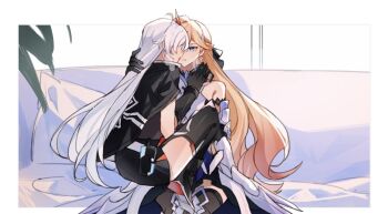 2girls armor black_gloves black_jacket black_shirt black_skirt black_thighhighs blonde_hair blue_eyes blush durandal_(bright_knight:_excelsis)_(honkai_impact) durandal_(honkai_impact) earrings gloves hair_ornament hand_in_another's_hair honkai_(series) honkai_impact_3rd jacket jewelry kiana_kaslana kiana_kaslana_(void_drifter) long_hair looking_at_another multiple_girls open_mouth parted_lips selfcest shirt shiying_no_yao sitting sitting_on_lap sitting_on_person skirt thighhighs tongue tongue_out very_long_hair white_armor white_hair