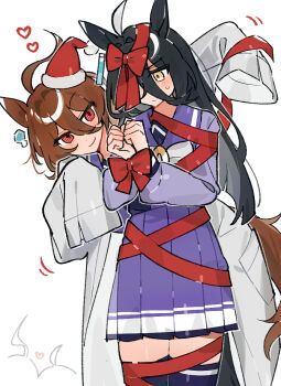 2girls agnes_tachyon_(umamusume) black_hair blunt_ends closed_mouth commentary ear_covers emne english_commentary hair_between_eyes long_hair manhattan_cafe_(umamusume) multiple_girls pleated_skirt purple_shirt purple_thighhighs red_eyes school_uniform shirt single_ear_cover skirt smile sweatdrop thighhighs tilted_headwear tracen_school_uniform umamusume very_long_hair yellow_eyes zettai_ryouiki