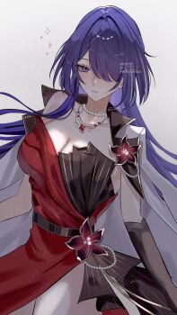 1girl acheron_(honkai:_star_rail) acheron_(star_rail_live_2025)_(honkai:_star_rail) belt breasts cleavage coat commentary_request dress elbow_gloves flower gem gloves hair_over_one_eye hashtag-only_commentary highres honkai:_star_rail honkai_(series) jewelry long_hair necklace nukoxx_02 pearl_necklace purple_eyes purple_hair red_dress red_gemstone sleeveless thighs very_long_hair watermark white_background