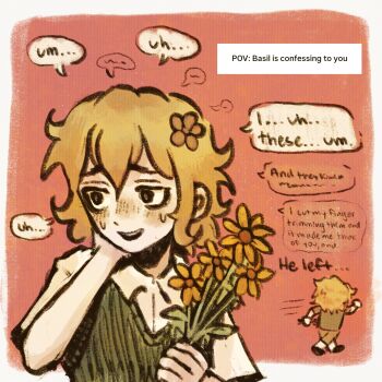 Rule 34 | 1boy, alternate eye color, basil (faraway) (omori), basil (omori), black eyes, blonde hair, blush, brown shorts, collared shirt, commentary, double-parted bangs, english commentary, english text, flower, green sweater vest, hair between eyes, hair flower, hair ornament, highres, holding, holding flower, male focus, omori, open mouth, ottie pops, shirt, short sleeves, shorts, smile, solo, speech bubble, sweatdrop, sweater vest, teeth, upper teeth only, white shirt