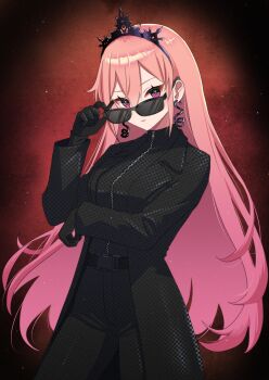 1girl absurdres black_coat black_gloves black_tiara closed_mouth coat earrings erenshu glasses gloves gradient_hair highres jewelry long_hair multicolored_hair phase_connect pink_hair purple_eyes runie_ruse snake_earrings solo tiara virtual_youtuber zipper