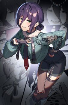 1girl absurdres ashamutoki black_choker black_gloves black_shorts black_thighhighs blush breasts chainsaw_man choker commentary cosplay cropped_jacket fingerless_gloves gloves green_eyes green_jacket hair_between_eyes high-waist_shorts highres jacket jane_doe_(zenless_zone_zero) jane_doe_(zenless_zone_zero)_(cosplay) large_breasts leaning_forward pantyhose parted_lips purple_hair reze_(chainsaw_man) shorts single_leg_pantyhose solo thighhighs torn_clothes torn_pantyhose vignetting zenless_zone_zero