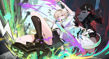 1girl arm_up black_shoes black_skirt black_socks blonde_hair blowing_bubble_gum breasts chewing_gum dark_persona dual_persona graffiti gun hair_between_eyes hair_ornament highres holding holding_gun holding_weapon id_card jacket kuroduki lawless_zone_mercenary_(wuthering_waves) logo long_hair looking_at_viewer lynae_(wuthering_waves) medium_breasts notice_lines official_art purple_eyes shirt shoes skirt skull_hair_ornament socks split_theme tacet_mark_(wuthering_waves) weapon white_jacket white_shirt wuthering_waves