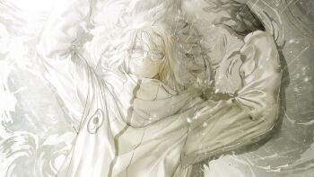 1boy aotsuki_eito black_gloves blue_eyes closed_mouth coat frown glasses gloves highres long_sleeves lying male_focus on_back rain rimless_eyewear ripples solo the_hundred_line_-last_defense_academy- upper_body water wet wet_hair white_coat white_hair white_theme yuzhoufeitian