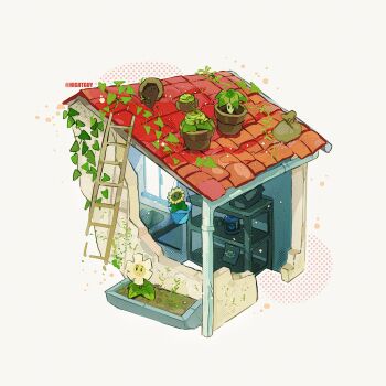 Rule 34 | absurdres, artist name, bag, black eyes, box, brown bag, building, cabbage-pult (plants vs. zombies), chinese commentary, climbing ladder, closed mouth, commentary request, fertilizer, flower, flower pot, grey background, grin, halftone, highres, hightguy, ladder, looking at viewer, marigold (plants vs. zombies), no humans, no mouth, on roof, plant, plant focus, plants vs. zombies, shelf, simple background, smile, solid oval eyes, sunflower, sunflower (plants vs. zombies), sunlight, tile roof, umbrella leaf (plants vs. zombies), vines, window