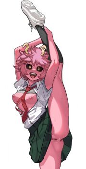 1girl anus ashido_mina black_sclera boku_no_hero_academia breasts colored_sclera colored_skin flexible holding_own_leg horns leg_lift looking_at_viewer madaotheory medium_breasts nipples no_panties pink_hair pink_skin pussy short_hair smile solo split standing standing_on_one_leg standing_split uncensored yellow_eyes