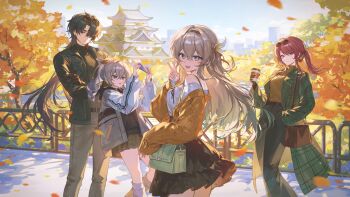 1boy 3girls absurdres architecture autumn_leaves character_request coat contemporary cup east_asian_architecture firefly_(honkai:_star_rail) glasses grey_hair hair_over_one_eye hand_in_pocket highres holding holding_cup honkai:_star_rail honkai_(series) kafka_(honkai:_star_rail) leaf multiple_girls purple_hair scenery standing stelle_(honkai:_star_rail) syagamu trailblazer_(honkai:_star_rail) v