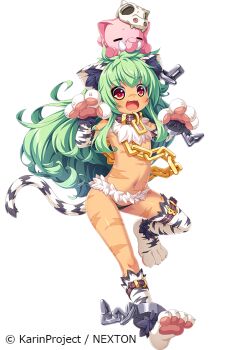 1girl 1other :3 animal animal_ear_fluff animal_ears animal_hands animal_on_head animal_print arm_warmers armpits arms_up asymmetrical_legwear black_panties chain claw_pose collar elephant fang flat_chest full_body fur_collar fur_trim gloves gold_chain green_hair kneehighs koihime_musou kuwada_yuuki leg_up legs loli long_hair lowleg lowleg_panties mismatched_legwear moukaku_(koihime_musou) navel no_pants official_art on_head open_mouth panties paw_gloves paw_shoes print_legwear print_socks red_eyes running scar scar_on_face scar_on_nose shoes single_kneehigh single_sock single_thighhigh smile socks standing standing_on_one_leg suzukuri_karin-chan tail thigh_strap thighhighs thighs tiger_ears tiger_girl tiger_print tiger_tail topless_female transparent_background underwear white_footwear white_gloves white_socks