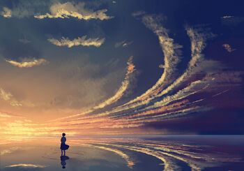 1girl bangqiao_yan bob_cut cloud cloudy_sky dress dusk from_behind full_body glowing gradient_sky horizon mini_person minigirl ocean original ripples scenery short_hair sky solo standing standing_on_liquid twilight