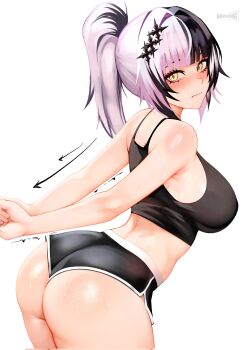 1girl anzhong arms_behind_back arrow_(symbol) ass back bare_shoulders black_hair black_shirt black_shorts blush breasts camisole casual closed_mouth covered_erect_nipples cowboy_shot crop_top eyelashes eyeliner hair_intakes hair_ornament highres hololive hololive_english huge_ass large_breasts leaning_forward long_hair looking_at_viewer makeup micro_shorts midriff multicolored_hair nape ponytail shiny_skin shiori_novella shirt shorts sideboob solo split-color_hair stretching trembling tsurime virtual_youtuber white_hair yellow_eyes
