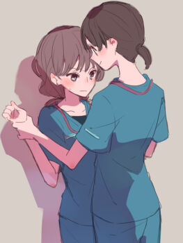 2girls blue_pants blue_shirt blush breasts brown_eyes closed_mouth commentary_request height_difference holding_another's_wrist medical_scrubs multiple_girls nurse original pants ponytail shadow shirt short_ponytail smile sou_(tuhut) sweat yuri