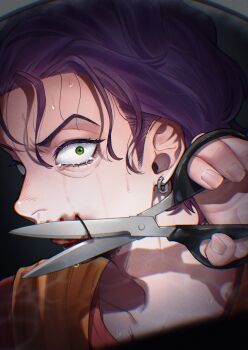 Rule 34 | 1boy, absurdres, blood, blood on mouth, commentary request, crying, cutting, earrings, green eyes, hair slicked back, highres, holding, holding scissors, jewelry, looking at mirror, looking at viewer, male focus, mirror, nekowaka smore, no i'm not a human, orange scarf, portrait, purple hair, red shirt, scarf, scissors, shirt, short hair, solo, stitched mouth, stitches, sweat, wireface (no i'm not a human)