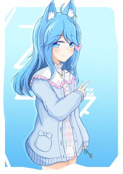 Rule 34 | 1girl, ahoge, animal ears, animare, bell, blue background, blue eyes, blue hair, blue jacket, braid, commentary request, ear piercing, flower, gradient background, hair ornament, heart, heart hair ornament, highres, holding, holding flower, jacket, jingle bell, looking at viewer, nanashi inc., piercing, pocket, souya ichika, standing, tobebuta (thepigcanfly), v, virtual youtuber