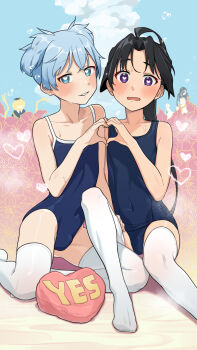 4boys ahoge ansatsu_kyoushitsu blue_eyes blue_one-piece_swimsuit blue_sky blush bulge collarbone covered_navel crossdressing crossdressing_(mtf) crossover faceless faceless_male grin hair_flaps heart heart-shaped_pupils heart_hands heart_hands_duo highres houjou_tokiyuki_(nige_jouzu_no_wakagimi) koro-sensei looking_at_viewer male_focus mubo multiple_boys nige_jouzu_no_wakagimi one-piece_swimsuit open_mouth ponytail purple_eyes shiota_nagisa shota sky smile suwa_yorishige suwa_yorishige_(nige_jouzu_no_wakagimi) swimsuit symbol-shaped_pupils thighhighs trap white_thighhighs yes-no_pillow