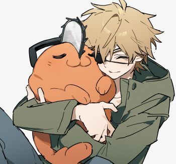 1boy :3 absurdres blonde_hair blue_pants chainsaw_man closed_eyes closed_mouth coat denim denji_(chainsaw_man) eyepatch green_coat gyu9447 highres hug jeans long_sleeves male_focus one_eye_covered pants parted_bangs pochita_(chainsaw_man) short_hair simple_background sitting smile u_u white_background