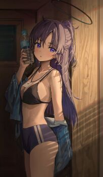 1girl absurdres adapted_costume bikini bikini_top_only black_bikini black_halo blue_archive blue_buruma blue_jacket blush bottle breasts buruma cleavage cowboy_shot half_updo halo hidulume highres holding holding_bottle indoors jacket jacket_partially_removed lanyard looking_at_viewer mechanical_halo medium_breasts parted_lips plastic_bottle ponytail purple_eyes purple_hair solo sweat swimsuit track_jacket water_bottle window_shadow yuuka_(blue_archive) yuuka_(track)_(blue_archive)