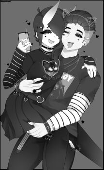 1boy 1girl ahegaokami arms_around_neck black_&amp;_white black_hair black_nails black_thighhighs chain choker cross eyeshadow facial_tattoo goth_fashion heart heart_choker held_up holding horns hug inverted_cross jewelry looking_back makeup nail_polish print_shirt ring shirt size_difference skirt spooky_(ahegaokami) striped_clothes tattoo thighhighs watch wristwatch