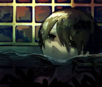 Rule 34 | 1boy, bags under eyes, black hair, collarbone, colored skin, commentary, empty eyes, english commentary, eyebrows hidden by hair, honshiya, indoors, looking at viewer, male focus, no pupils, nude, omori, partially submerged, portrait, short hair, solo, spoilers, sunny (omori), swept bangs, tile wall, tiles, white skin