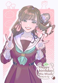 1girl absurdres animification aqua_neckerchief brown_dress brown_hair ceras_yanagida_lilienfeld character_doll character_name commentary_request cowboy_shot dated doll double_v dress english_text grin hair_ribbon hasu_no_sora_school_uniform highres kirisaki_nuko leaf link!_like!_love_live! lips long_hair long_sleeves looking_at_viewer love_live! making-of_available miyake_miu motion_blur neckerchief nesoberi pink_background pink_ribbon pleated_dress real_life revision ribbon sailor_collar sailor_dress school_uniform smile solo tanuki v virtual_youtuber voice_actor white_sailor_collar winter_uniform