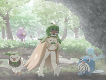 bright_pupils bush closed_mouth commentary_request dartrix day decidueye drifblim drifloon evolutionary_line gen_1_pokemon gen_2_pokemon gen_4_pokemon gen_7_pokemon grass holding holding_pokemon looking_down mokukitusui nintendo outdoors pokemon pokemon_(creature) poliwag puddle rain standing tree white_pupils wooper