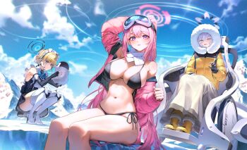 3girls absurdres animal arm_up bare_shoulders bikini bird black_bikini black_dress black_gloves blonde_hair blue_archive blue_eyes blue_halo blue_sky boots breasts cloud cloudy_sky commentary day dress earpiece eimi_(blue_archive) eimi_(swimsuit)_(blue_archive) elbow_gloves glacier gloves goggles goggles_on_head grey_halo hair_between_eyes halo highres himari_(blue_archive) himari_(winter)_(blue_archive) holding holding_animal jacket knee_pads large_breasts maid_headdress multiple_girls navel off_shoulder official_alternate_costume official_alternate_hairstyle open_clothes open_jacket open_mouth outdoors padded_jacket penguin pink_hair pink_halo pink_jacket ponytail powered_wheelchair scarf side-tie_bikini_bottom sitting ski_goggles sky sleeveless sleeveless_dress soy_chicken squatting stomach swimsuit thighs toki_(blue_archive) wheelchair white_hair white_headdress white_scarf yellow_boots yellow_jacket