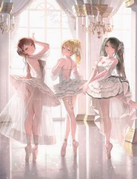 3girls absurdres backless_dress backless_outfit ballerina ballet ballet_slippers bangsom bare_back black_hair blonde_hair blue_eyes blush breasts brown_eyes brown_hair butt_crack butterfly_hair_ornament chandelier choker cleavage closed_mouth curtains day dress en_pointe frills from_behind from_side hair_between_eyes hair_ornament hair_ribbon highres indoors layered_dress light long_hair looking_at_viewer medium_breasts mole mole_under_eye multiple_girls original pantyhose parted_lips reflection reflective_floor ribbon see-through_clothes see-through_sleeves short_sleeves swept_bangs tiptoes tutu twintails white_choker white_dress white_pantyhose white_ribbon window