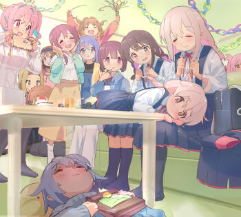 Rule 34 | 6+girls, :3, :d, ahoge, aqua eyes, bag, birthday party, black hair, black skirt, blonde hair, blue hair, blunt bangs, blunt ends, braid, braiding hair, brown eyes, brown hair, bush, cake, cellphone, closed eyes, colored inner hair, commentary, couch, cup, drinking glass, embarrassed, everyone, food, fujimi nemu, fushimi nodoka, grey hair, hair between eyes, hair ornament, hairband, hairclip, hairdressing, hands on own cheeks, hands on own face, holding, holding phone, hozuki kaede, hozuki momiji, indoors, kyarahiba, lap pillow, long hair, long sleeves, matching outfits, mother and daughter, multicolored hair, multiple girls, murosaki miyo, nagase miyako, neck ribbon, oka asahi, on couch, onii-chan wa oshimai!, open mouth, oyama mahiro, oyama matsuri, oyama mihari, pants, paper chain, party popper, phone, pink eyes, pink hair, pleated skirt, purple hair, red ribbon, ribbon, school bag, school uniform, shiina minori, shirt, short hair, siblings, side ponytail, sisters, sitting, skirt, sleeping, smartphone, smile, socks, sparkle, streamers, suspender skirt, suspenders, sweater, table, takada satsuki, tenkawa nayuta, twin braids, two-tone hair, two side up, wavy mouth, white pants, white shirt, white sweater, yasaka mai