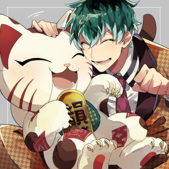 Rule 34 | 1boy, aqua hair, cat, claws, closed eyes, ear piercing, formal clothes, furrowed brow, grin, highres, houndstooth, hypnosis mic, lapels, male focus, maneki-neko, necktie, nurude sasara, open mouth, patterned clothing, paw pose, piercing, red necktie, shirt, smile, solo, striped blush, suit, white shirt, yuu (areruya)