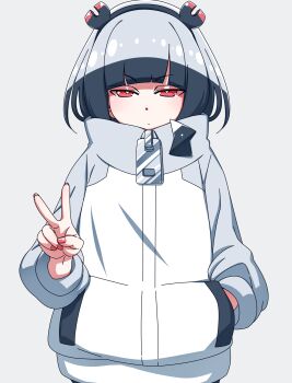 1girl black_hair black_hairband blunt_bangs bright_pupils closed_mouth commentary_request cowboy_shot dot_mouth grey_sweater hairband half-closed_eyes hand_in_pocket hanya_(hanya_yashiki) highres jitomi_monoe long_sleeves looking_at_viewer magnet red_eyes red_nails solo standing straight-on sweater two-tone_sweater v v-shaped_eyebrows virtual_youtuber voms white_pupils white_sweater zipper_pull_tab
