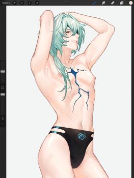 1boy anaxa_(honkai:_star_rail) aqua_hair arms_behind_head arms_up black_male_swimwear bulge eyepatch hair_between_eyes highres honkai:_star_rail honkai_(series) long_hair male_focus male_swimwear navel nipples rourouki smile solo stomach topless_male