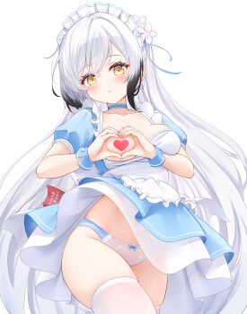 1girl :o apron azur_lane blue_choker blue_dress blue_panties blue_wrist_cuffs blush bow bow_panties breasts censored censored_nipples chinese_commentary choker colored_tips commentary_request cowboy_shot dress hai_tien_(azur_lane) heart heart_censor heart_hands highres layered_dress long_hair looking_at_viewer maid_apron maid_headdress medium_breasts multicolored_hair one_breast_out orange_eyes panties parted_bangs parted_lips qian_hen short_sleeves simple_background skindentation solo standing thighhighs two-tone_panties underwear variant_set very_long_hair white_apron white_background white_panties white_thighhighs wrist_cuffs