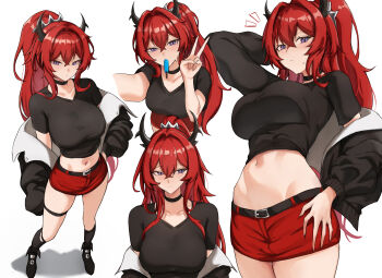 1girl arknights black_boots black_choker black_jacket black_shirt boots breasts choker commentary demon_girl demon_horns english_commentary fangs_(fangs_art) food food_in_mouth highres horns jacket large_breasts long_hair midriff miniskirt multiple_views navel official_alternate_costume popsicle popsicle_in_mouth purple_eyes red_hair red_skirt shirt simple_background skindentation skirt surtr_(arknights) surtr_(liberte_echec)_(arknights) thigh_strap v white_background