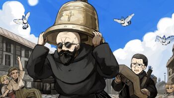 1girl 4boys aged_down bald beard bell bird black_hair blonde_hair blue_jay bread carrying chicken church_bell commentary diva_(hyxpk) drawing_(action) english_commentary facial_hair father_(diva) food glasses grey_hair highres little_nuns_(diva) mouse_(animal) multiple_boys outdoors pants priest round_eyewear shirt spicy_nun's_mother_(diva) striped_clothes striped_pants sunglasses white_shirt