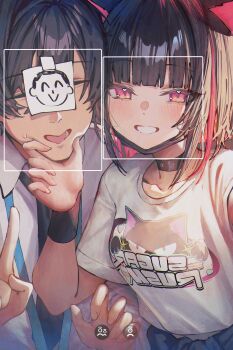 1boy 1girl absurdres animal_ears betabeet black_choker black_hair black_necktie blue_archive blush breasts cat_ears cat_girl choker closed_eyes collared_shirt colored_inner_hair doodle_sensei_(blue_archive) dress_shirt facial_recognition grin hand_on_another's_chin hands_up hetero highres kazusa_(band)_(blue_archive) kazusa_(blue_archive) lanyard looking_at_viewer mask medium_breasts medium_hair mouth_mask multicolored_hair necktie open_mouth pink_eyes pink_hair reaching reaching_towards_viewer selfie sensei_(blue_archive) shirt short_sleeves smile t-shirt white_shirt wristband