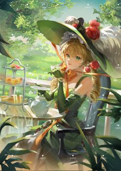 1girl :d artist_request bare_shoulders blue_sky bow cake chin_strap cup dress drill_hair earrings elbow_gloves feet_out_of_frame flower food garden gem gloves grass green_dress green_eyes green_gloves green_hat hat hat_feather hat_flower highres holding holding_cup holding_saucer jewelry long_dress long_hair low_twintails macaron necklace open_mouth orange_bow outdoors pearl_necklace picture_hat plant railing red_flower red_gemstone red_rose reverse:1999 rose round_table saucer second-party_source sky sleeveless sleeveless_dress smile solo sotheby table teacup teapot tiered_tray tree twin_drills twintails watermark watermark_grid