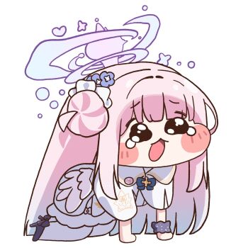 1girl absurdres all_fours blue_archive blush_stickers chamma_r chibi chibi_only diyap_(style) dress flower gradient_halo hair_bun hair_flower hair_ornament halo highres long_hair looking_at_viewer low_wings meme mika_(blue_archive) multicolored_halo open_mouth pink_hair pink_halo pleading_eyes simple_background single_side_bun solo speakiposting_(meme) tears wavy_eyes white_background white_dress white_wings wings