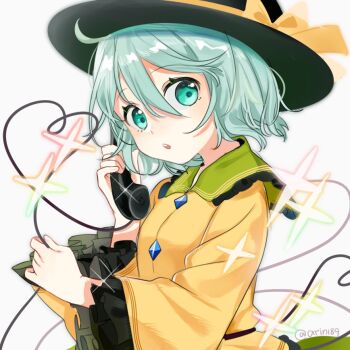 1girl :o ahoge alternate_eye_color alternate_hair_color aqua_eyes aqua_hair arin_(fanfan013) black_hat bow buttons collared_shirt commentary_request corded_phone female_focus frilled_shirt frilled_shirt_collar frilled_sleeves frills glint green_hair green_skirt hair_between_eyes hands_up hat hat_bow hat_ribbon heart heart_of_string holding holding_phone holding_string komeiji_koishi long_sleeves looking_to_the_side open_mouth phone ribbon shirt short_hair simple_background skirt solo sparks string talking_on_phone touhou upper_body white_background wide_sleeves yellod_bow yellod_ribbon yellow_ribbon yellow_shirt