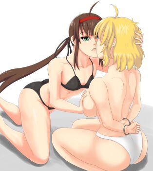 2girls ahoge ass bdsm bikini bikini_bottom_only black_bikini black_ribbon blonde_hair blue_eyes blunt_bangs blush breasts brown_hair collarbone commentary flat_chest grabbing_another's_breast green_eyes groin groping hair_ribbon hairband hand_on_another's_head heterochromia imminent_kiss incest kathie_vr kneeling large_breasts linea_alba long_hair low_twintails masochism median_furrow messy_hair multiple_girls open_mouth red_hairband ribbon ryoubi_(senran_kagura) ryouna_(senran_kagura) senran_kagura senran_kagura_shinovi_versus shiny_skin short_hair shoulder_blades siblings sidelocks sisters sitting string_bikini swimsuit tongue topless_female twintails very_long_hair wariza white_background white_bikini yuri