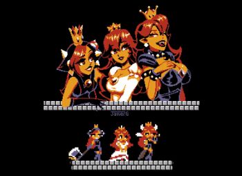 3girls animated animated_gif axe black_background black_dress black_lips bouncing_breasts bowsette breasts cleavage crown dress elbow_gloves eyeshadow fangs female_focus gloves half-closed_eyes holding holding_axe hood javier_guerrero large_breasts long_hair makeup mario_(series) mario_power_tennis mario_tennis medium_breasts meme multiple_girls multiple_persona new_super_mario_bros._u_deluxe nintendo open_mouth pixel_art pointy_ears princess_peach princess_peach_sprite_redraw red_eyes red_hair small_breasts smile standing super_mario_bros._1 thighhighs walking warupeach white_dress zettai_ryouiki