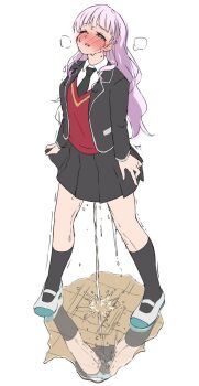 1girl aqua_panties azukilib black_jacket black_necktie black_skirt black_socks blazer bow bow_panties breasts commentary_request green_eyes highres holding holding_cloth holding_own_skirt jacket legs_apart long_hair long_sleeves love_live! love_live!_superstar!! mizukawa_school_uniform necktie one_eye_closed panties pee pee_puddle peeing peeing_self pocket red_vest reflection reflective_liquid school_uniform shirt shoes skirt socks solo standing steam sweat tears trembling underwear upskirt uwabaki vest wet wet_clothes wet_panties white_shirt wien_margarete